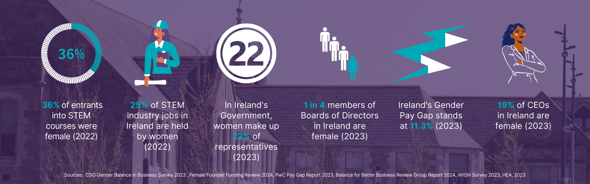 Statistics of gender equality in Ireland - teal and white on purple background with white text